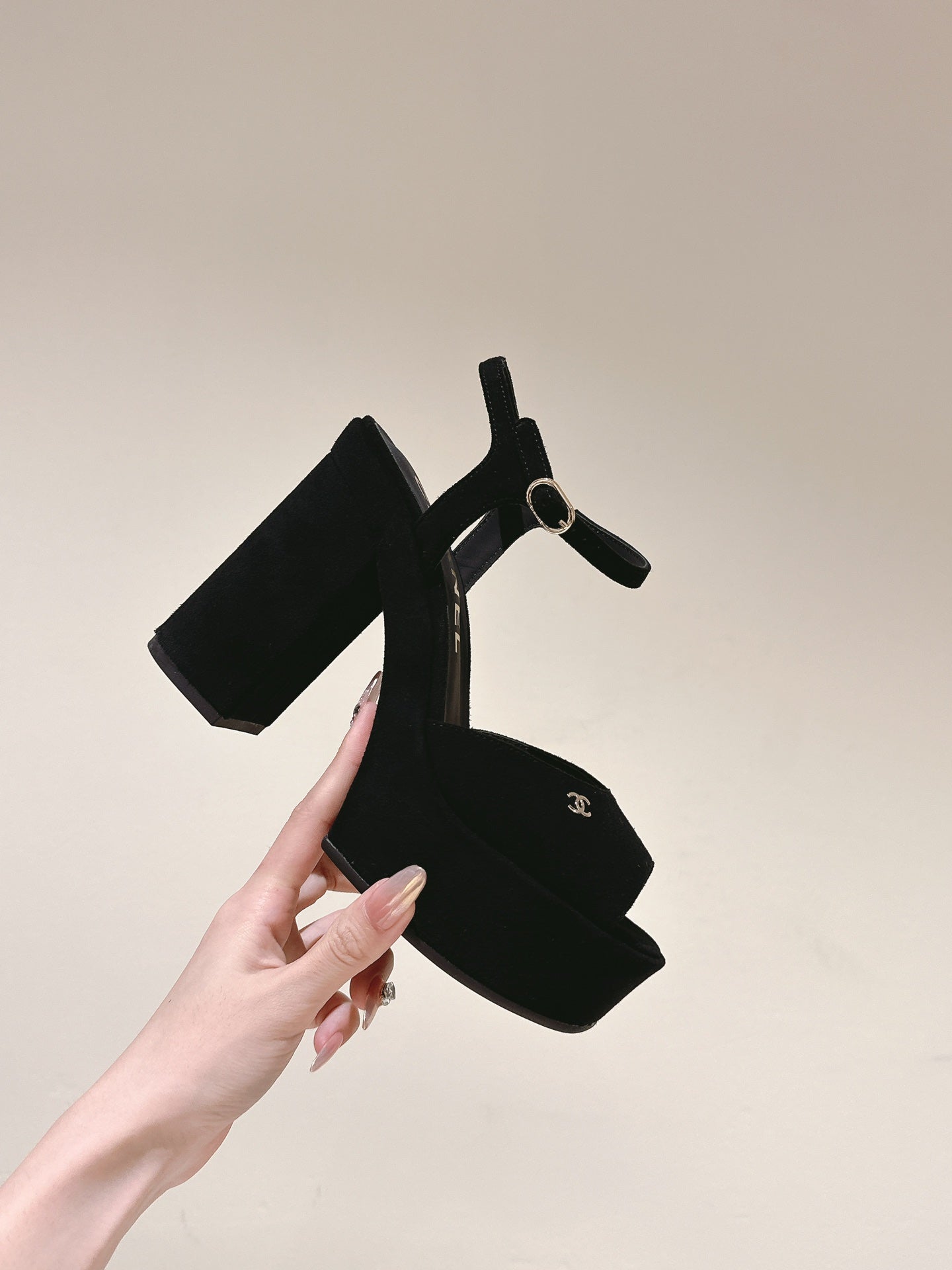 CHANEL HIGH SANDAL BLACK SUEDE CALFSKIN