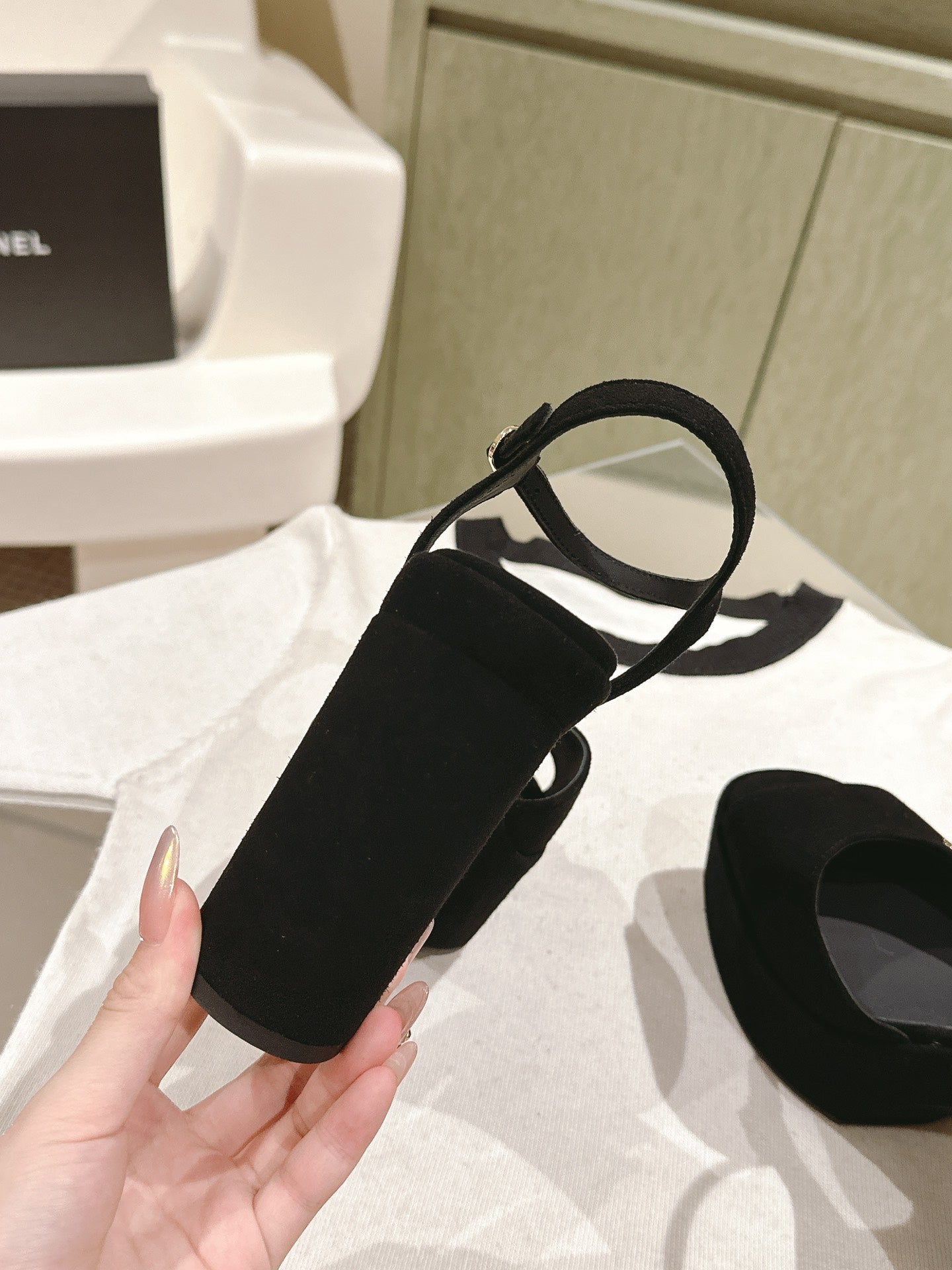 CHANEL HIGH SANDAL BLACK SUEDE CALFSKIN