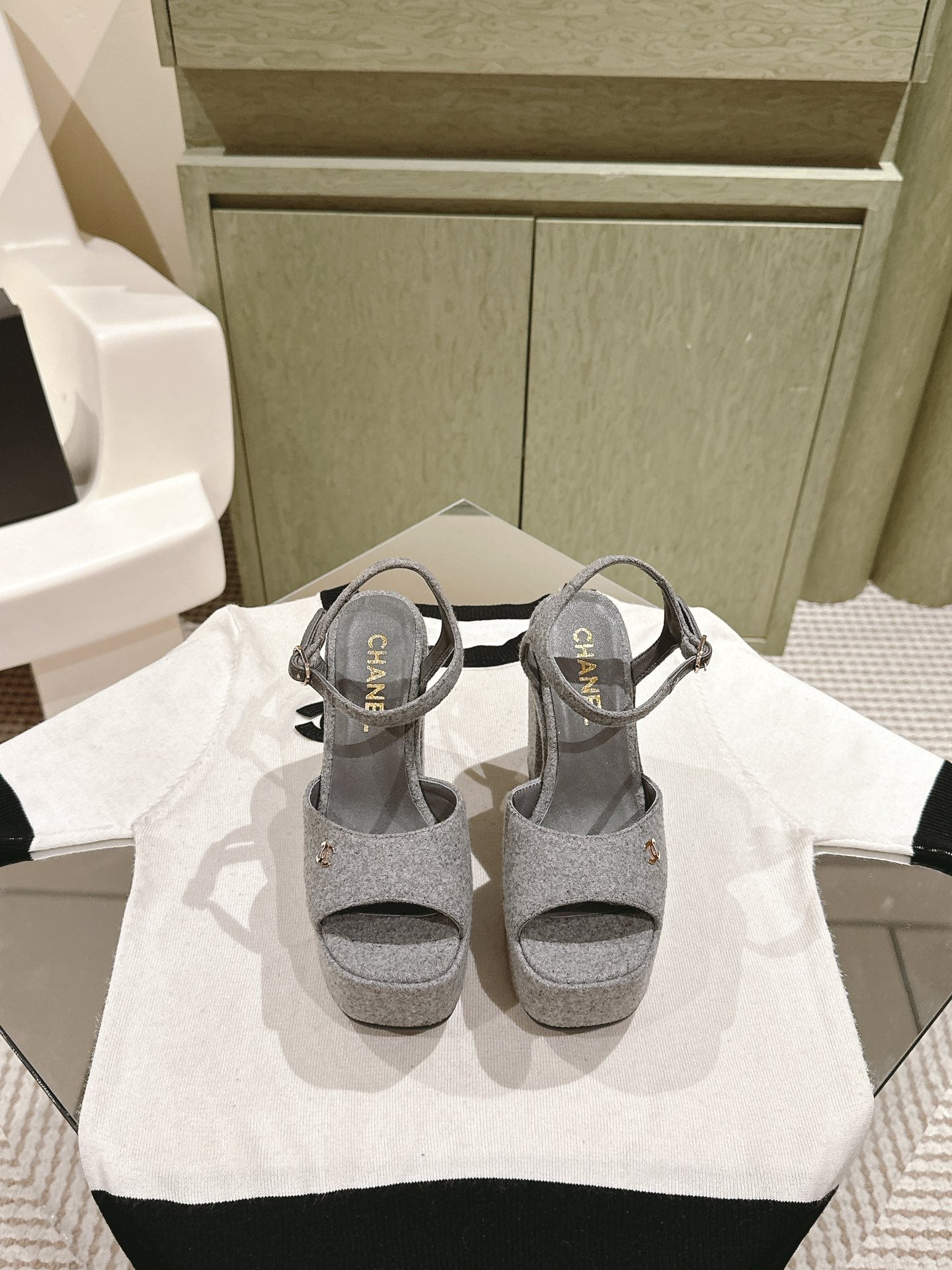 CHANEL HIGH SANDAL GREY SUEDE CALFSKIN