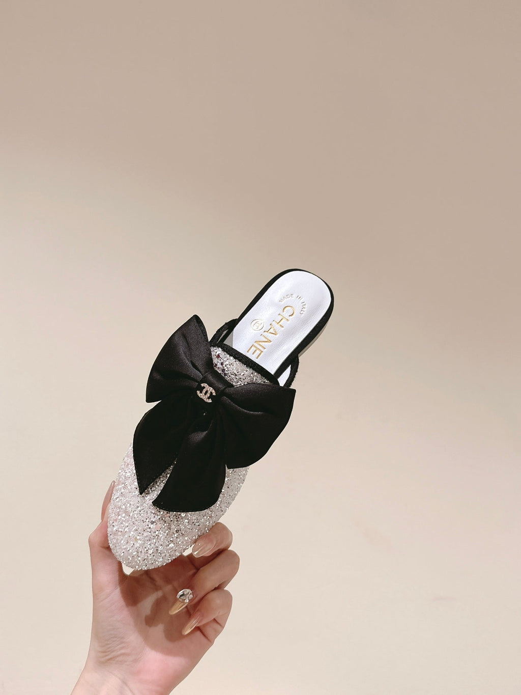 CHANEL JEWELED MULE WITH SILK BLACK BOW IN WHITE LAMBSKIN