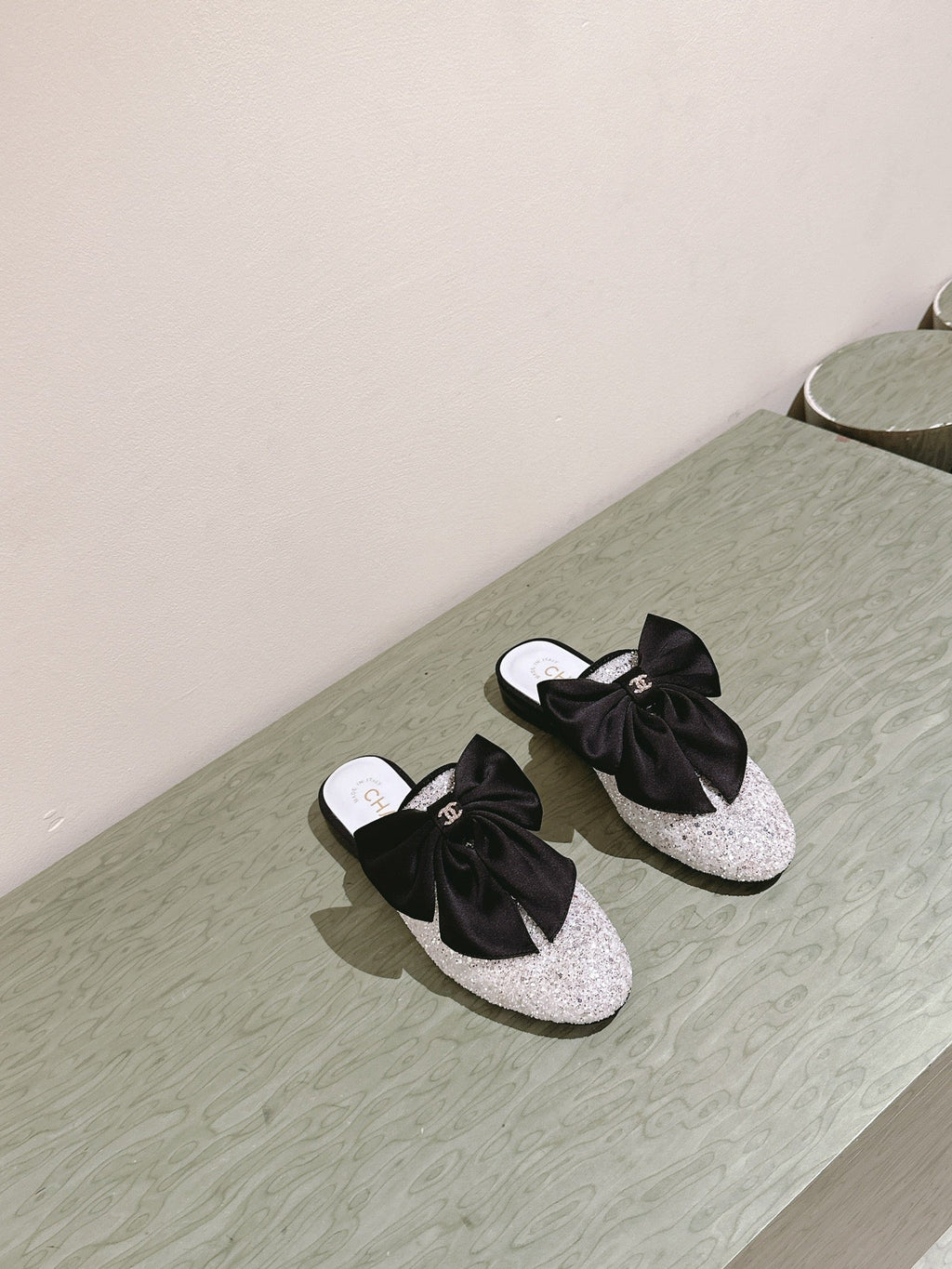 CHANEL JEWELED MULE WITH SILK BLACK BOW IN WHITE LAMBSKIN