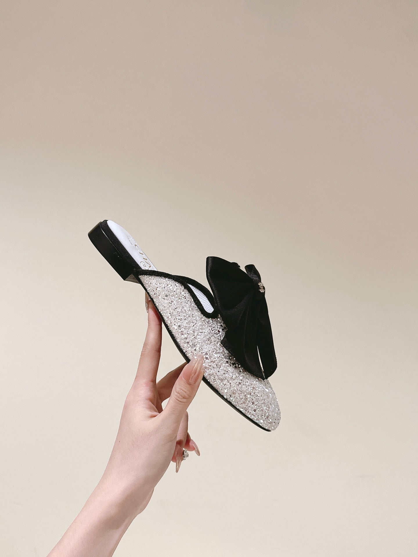CHANEL JEWELED MULE WITH SILK BLACK BOW IN WHITE LAMBSKIN