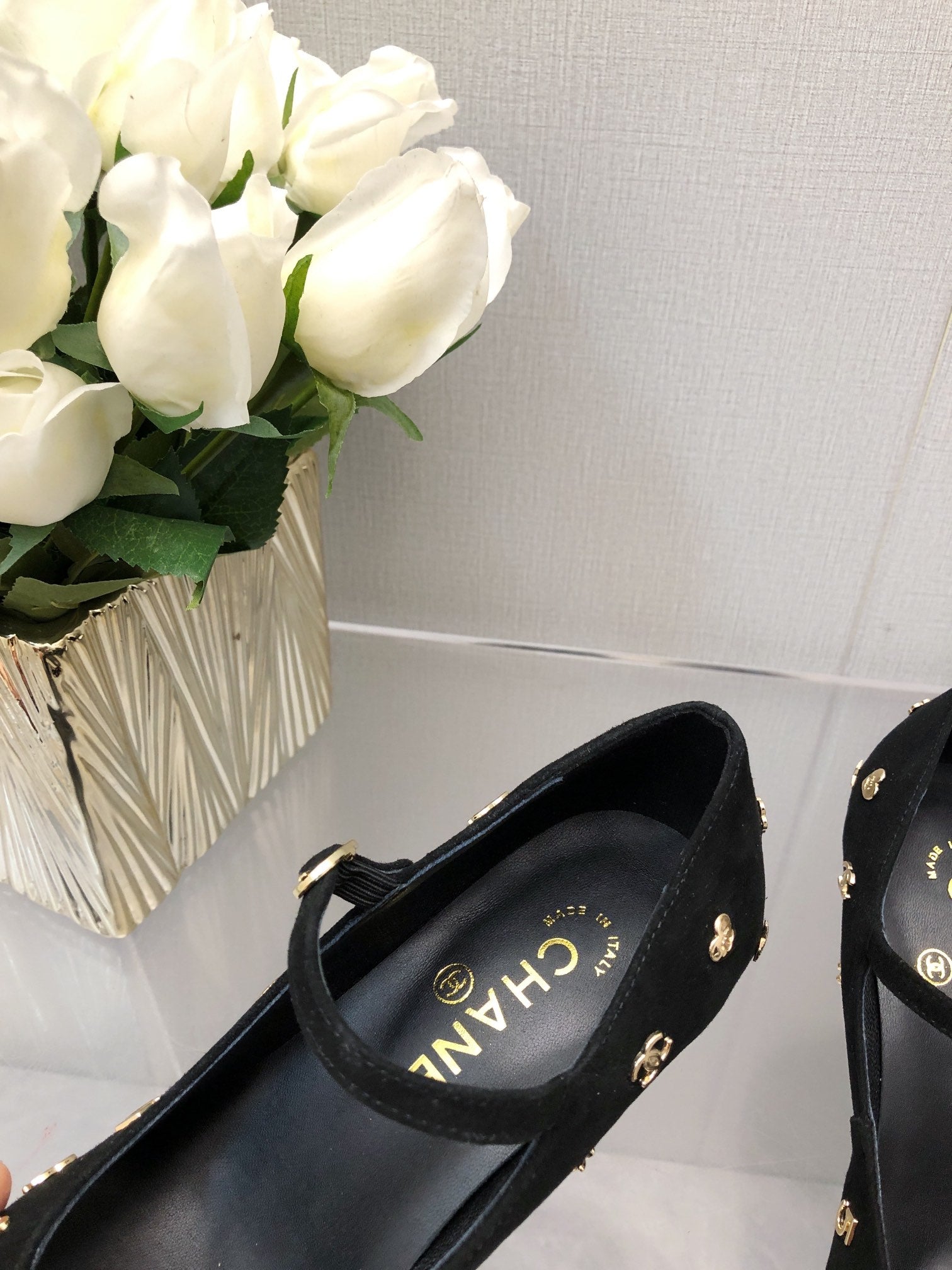 CHANEL MARY JANE BLACK SUEDE AND LAMBSKIN ATTACH METAL