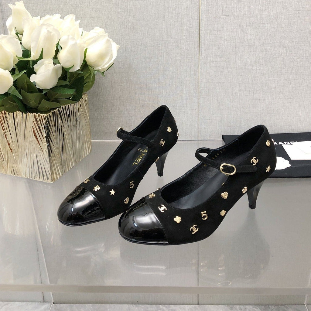 CHANEL MARY JANE BLACK SUEDE AND LAMBSKIN ATTACH METAL