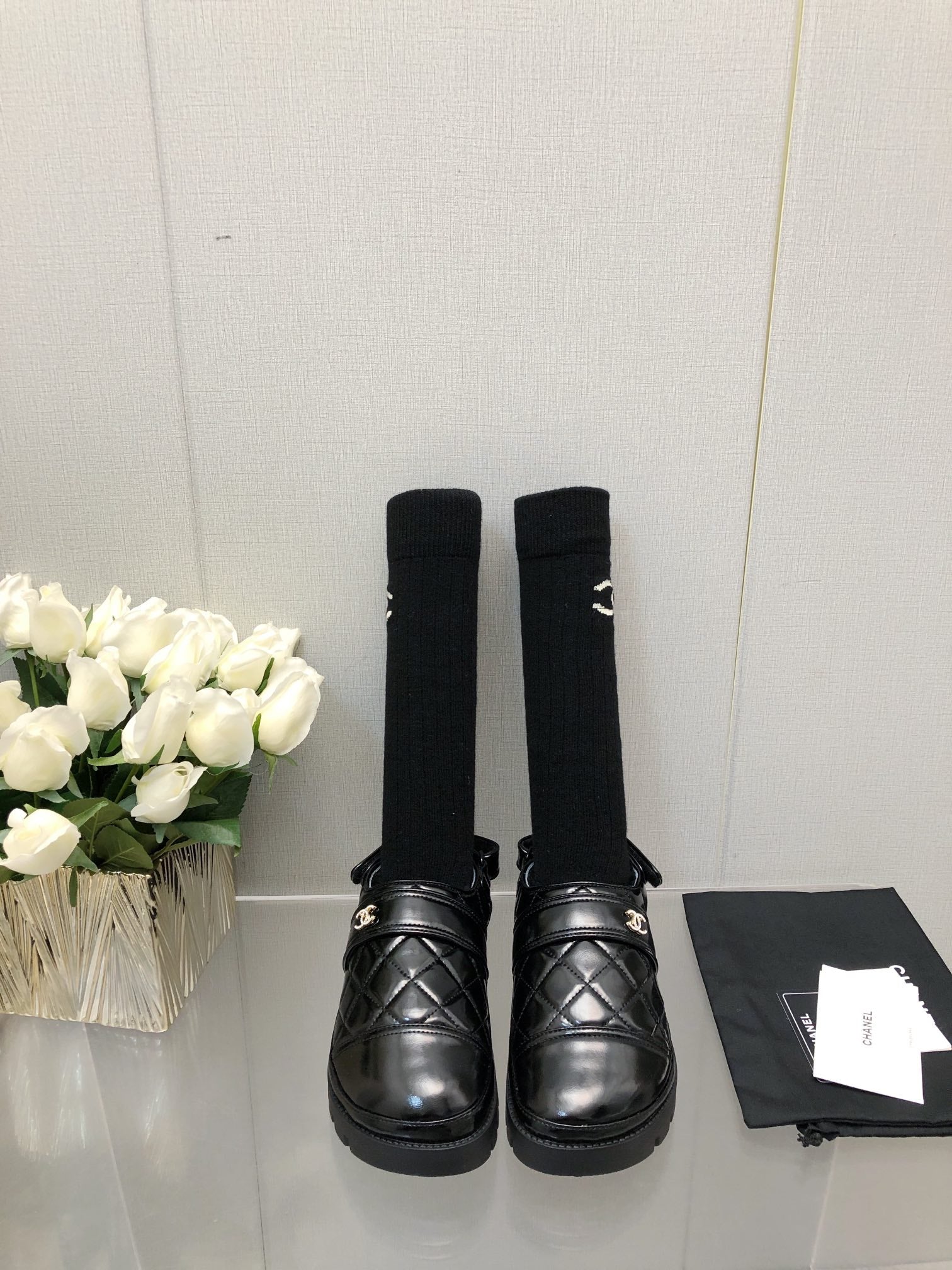 CHANEL CHUNKY PLATFORM SHEARLING SLIPPER BLACK LAMBSKIN