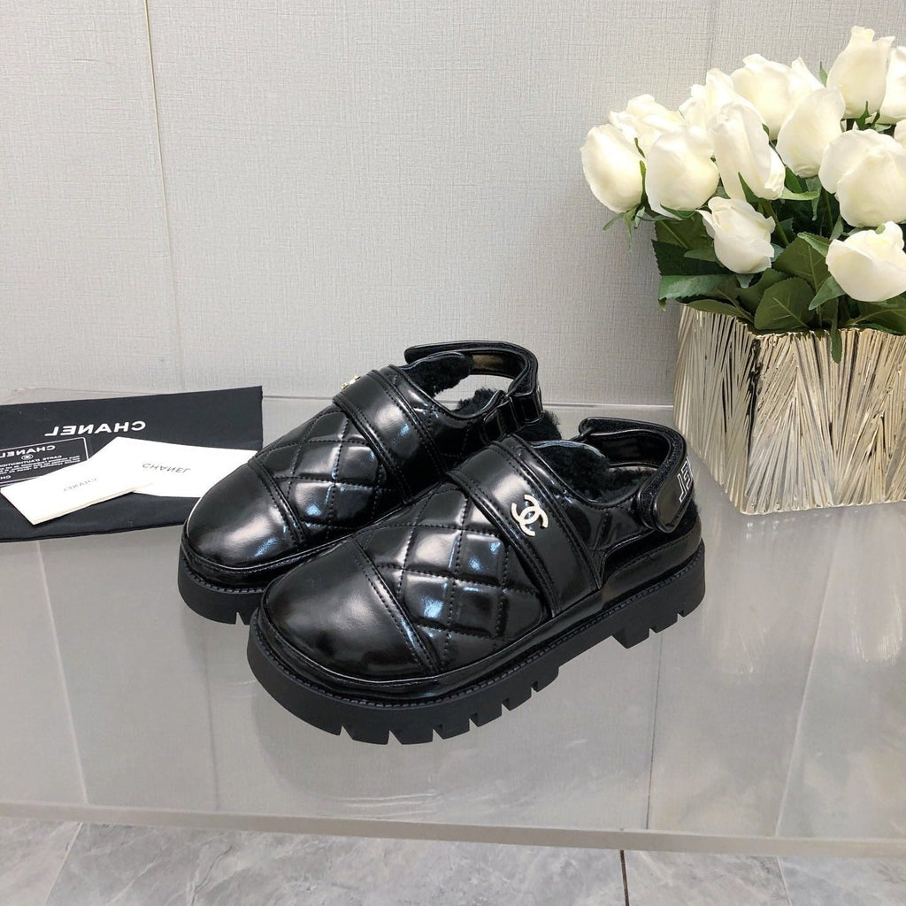 CHANEL CHUNKY PLATFORM SHEARLING SLIPPER BLACK LAMBSKIN