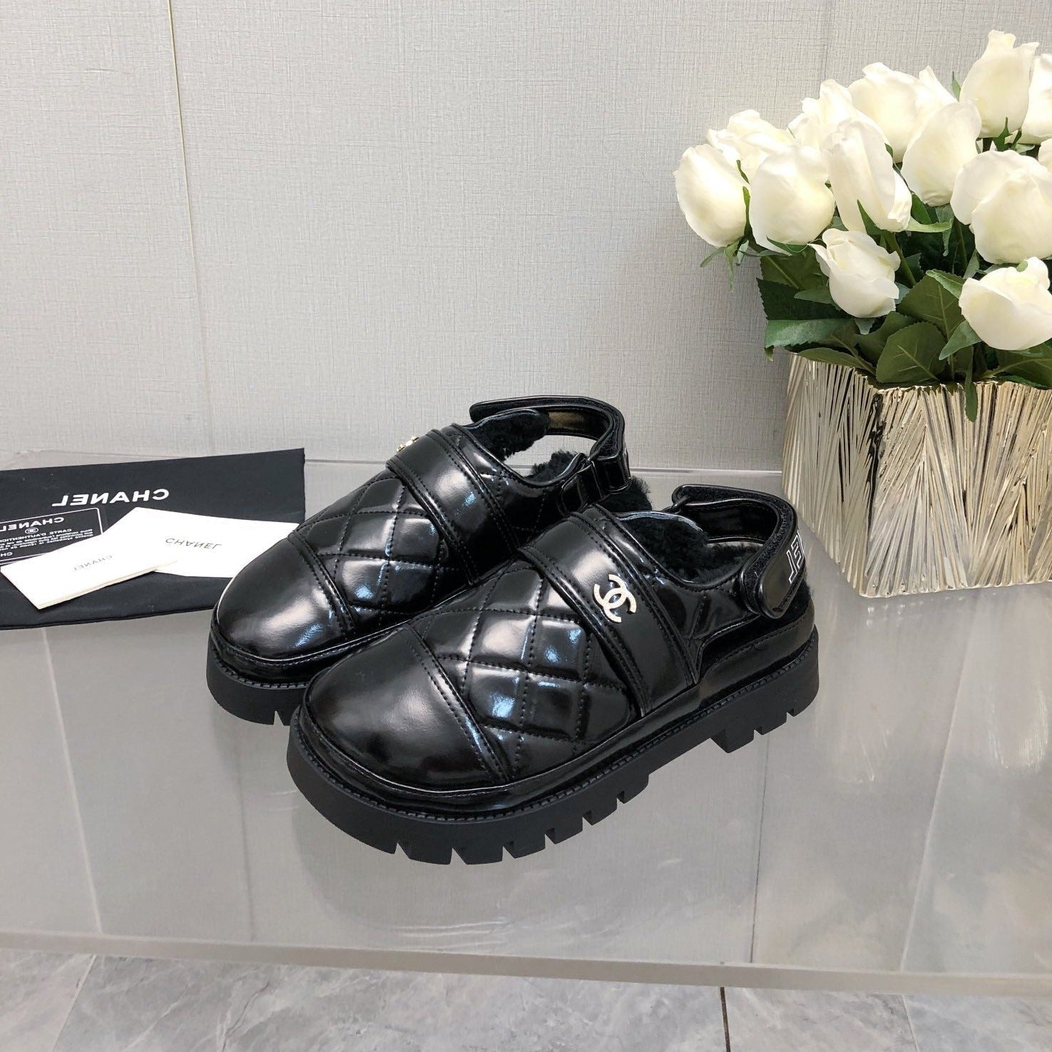 CHANEL CHUNKY PLATFORM SHEARLING SLIPPER BLACK LAMBSKIN