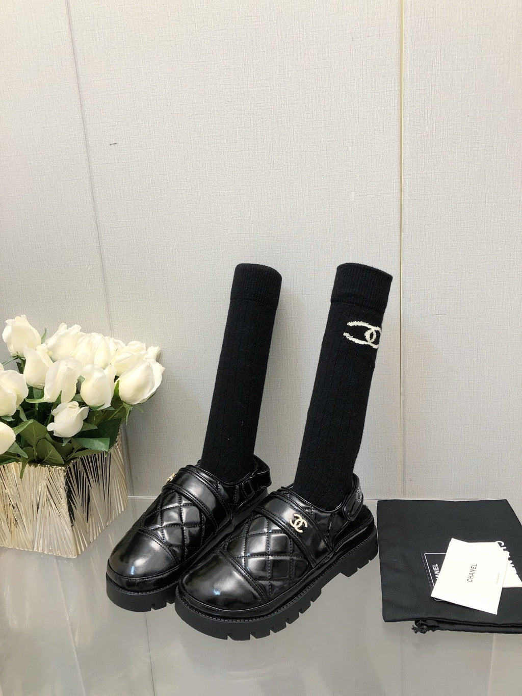 CHANEL CHUNKY PLATFORM SHEARLING SLIPPER BLACK LAMBSKIN