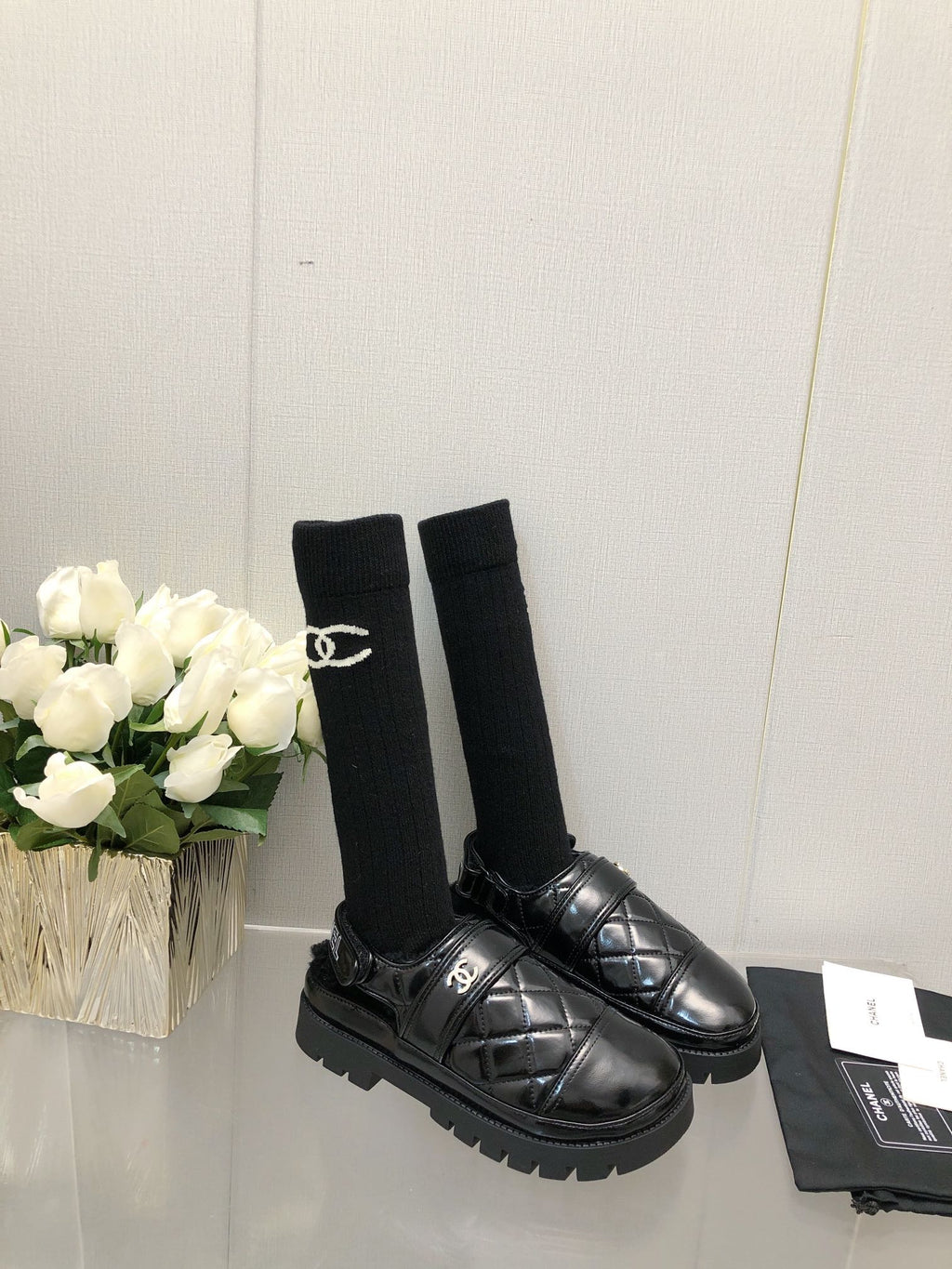 CHANEL CHUNKY PLATFORM SHEARLING SLIPPER BLACK LAMBSKIN