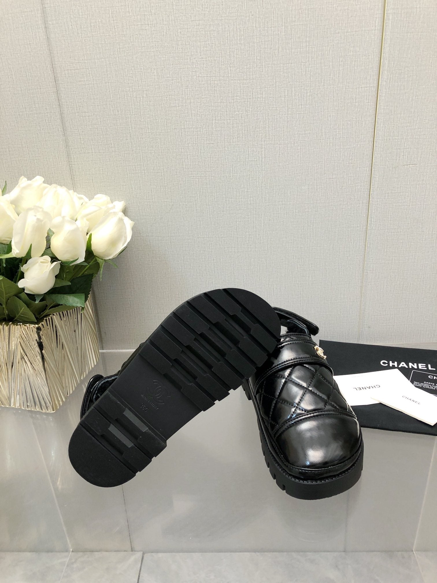 CHANEL CHUNKY PLATFORM SHEARLING SLIPPER BLACK LAMBSKIN