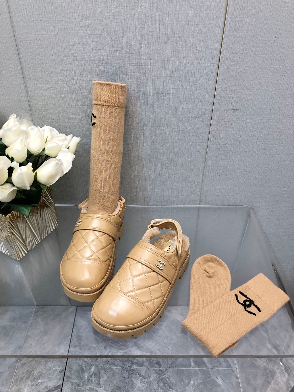 CHANEL CHUNKY PLATFORM SHEARLING SLIPPER BEIGE CREAM LAMBSKIN