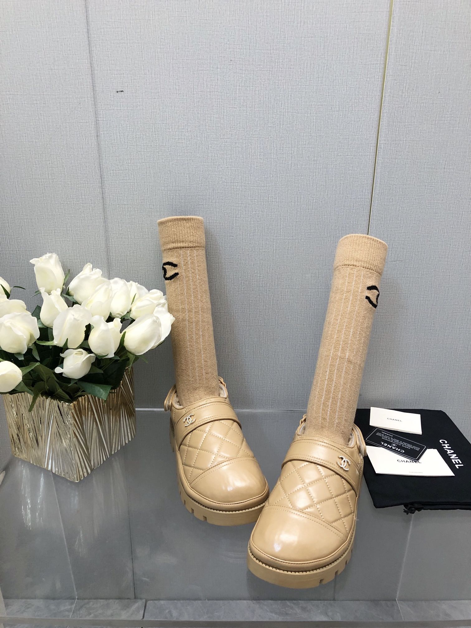CHANEL CHUNKY PLATFORM SHEARLING SLIPPER BEIGE CREAM LAMBSKIN