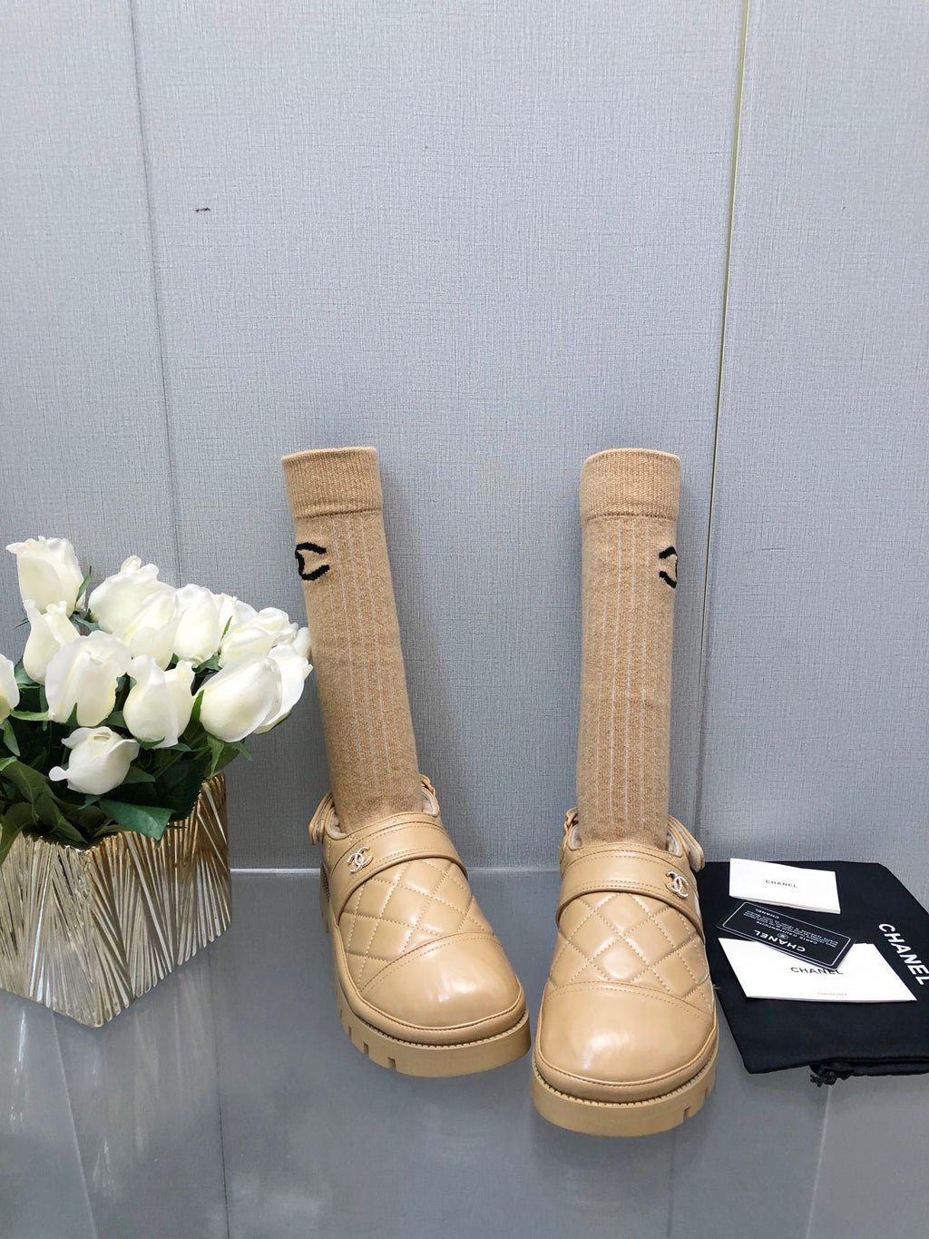 CHANEL CHUNKY PLATFORM SHEARLING SLIPPER BEIGE CREAM LAMBSKIN