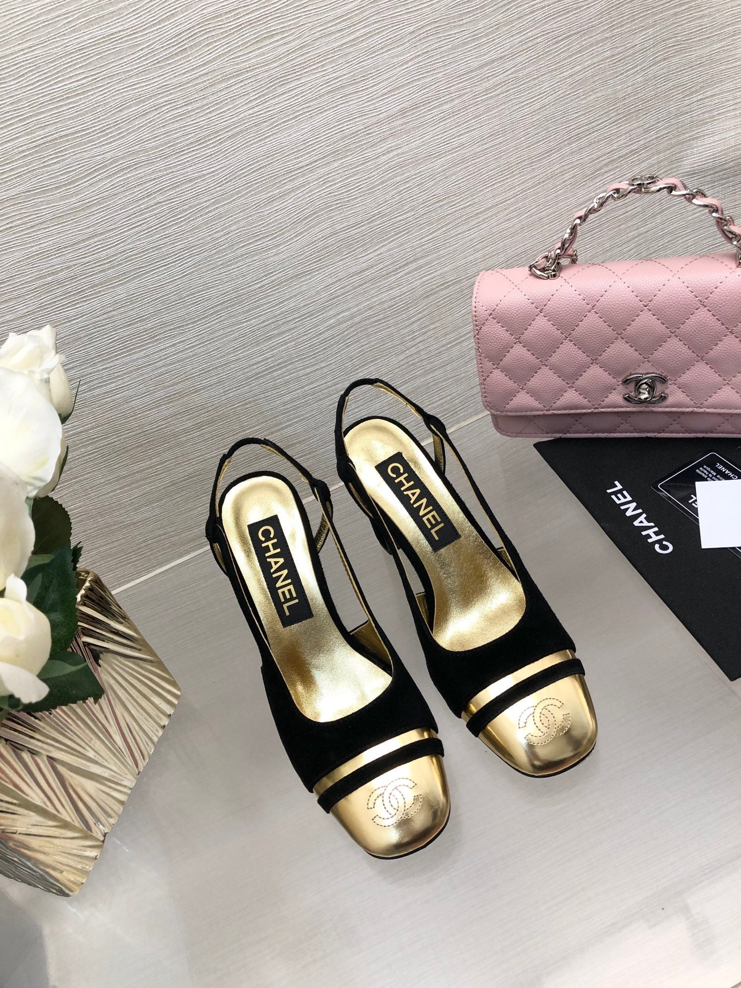 CHANEL HIGH SLINGBACKS IN BLACK SUEDE AND GOLDEN LAMBSKIN