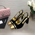 CHANEL HIGH SLINGBACKS IN BLACK SUEDE AND GOLDEN LAMBSKIN