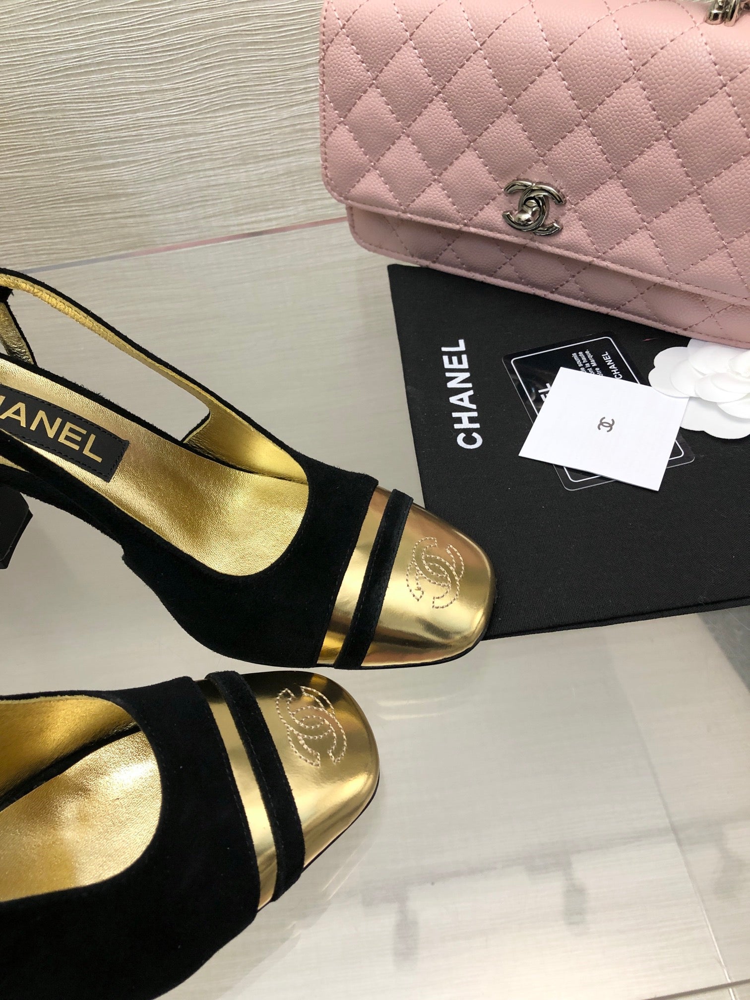 CHANEL HIGH SLINGBACKS IN BLACK SUEDE AND GOLDEN LAMBSKIN