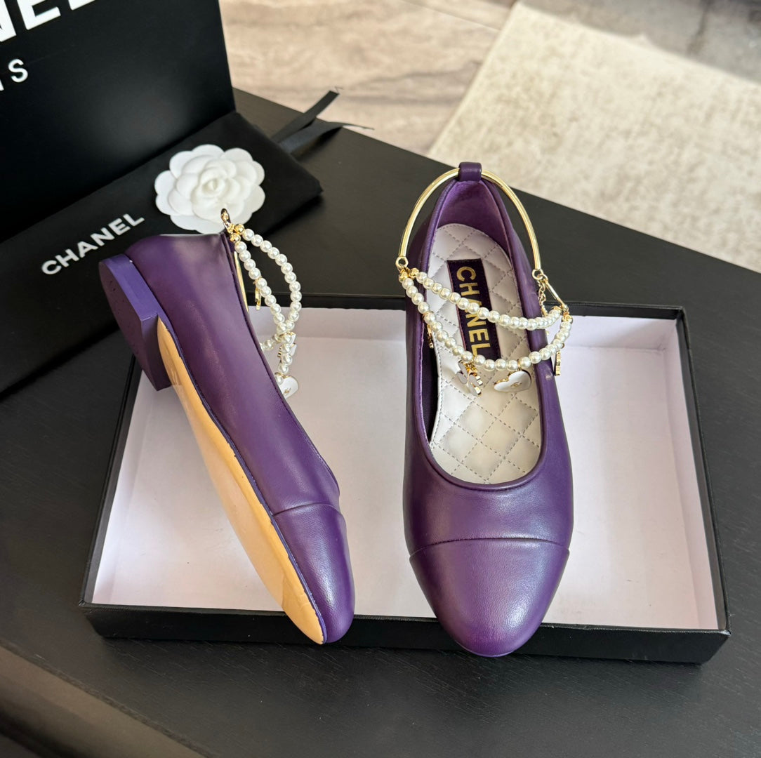 CHANEL Double Strap Chunky Heel Mary Jane Shoes Violet Purple