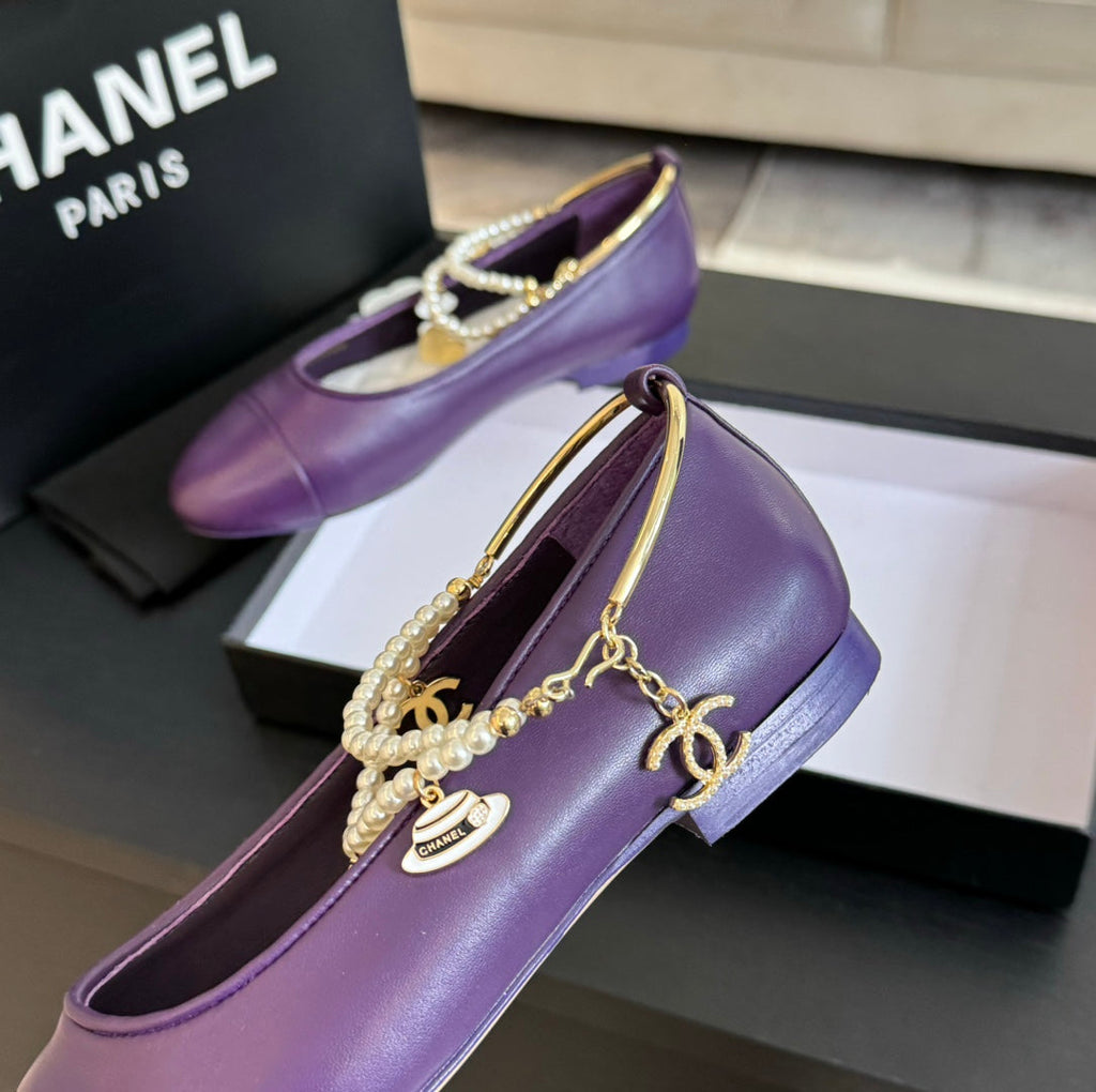CHANEL Double Strap Chunky Heel Mary Jane Shoes Violet Purple