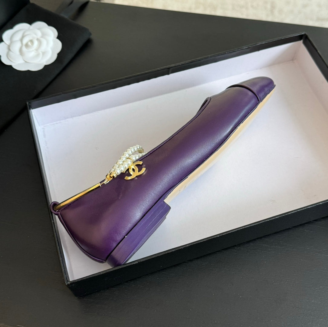 CHANEL Double Strap Chunky Heel Mary Jane Shoes Violet Purple