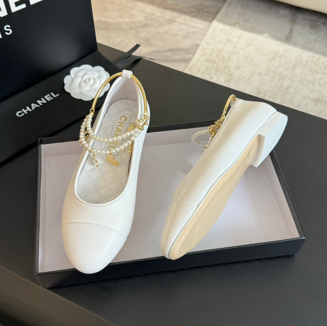 CHANEL Double Strap Chunky Heel Mary Jane Shoes White