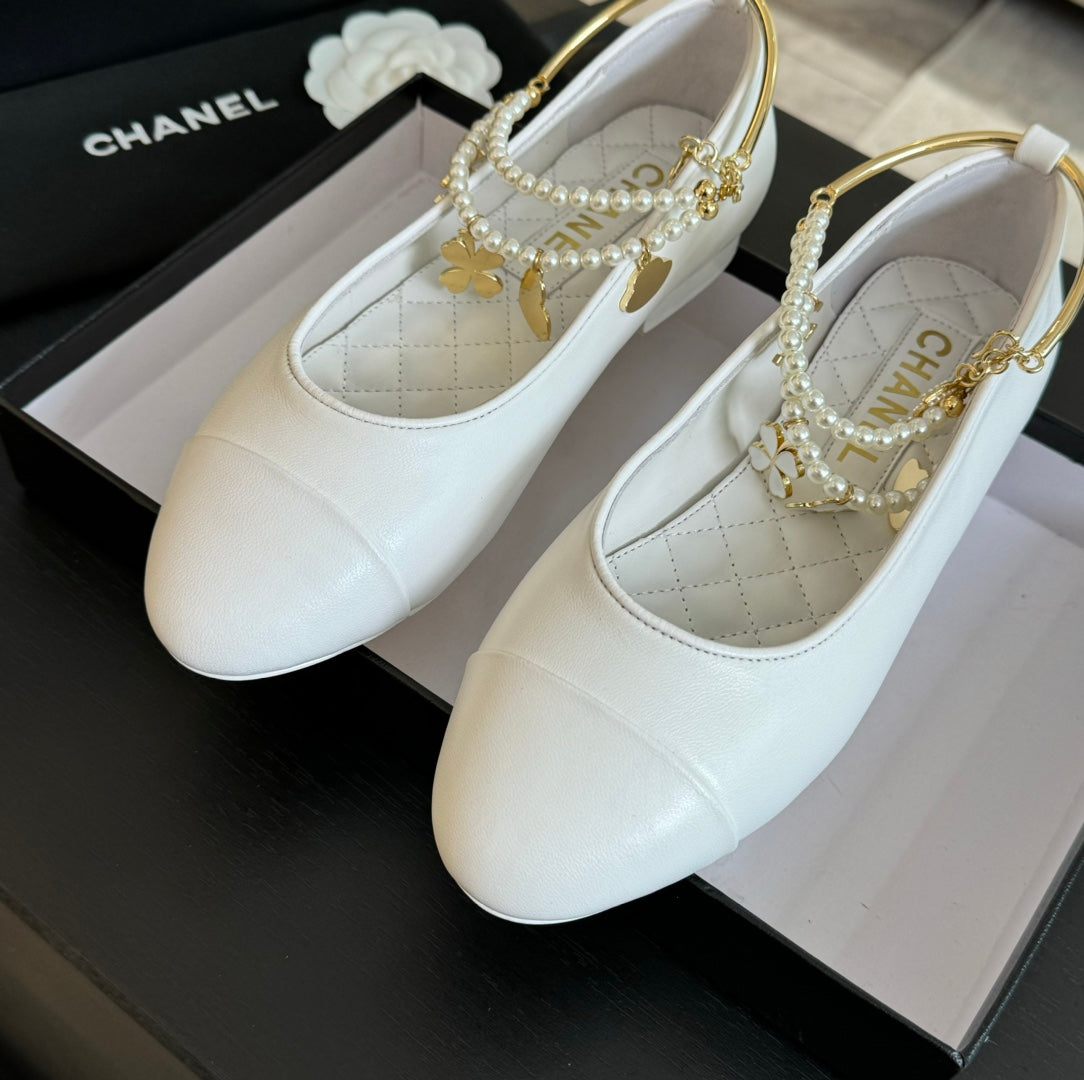 CHANEL Double Strap Chunky Heel Mary Jane Shoes White