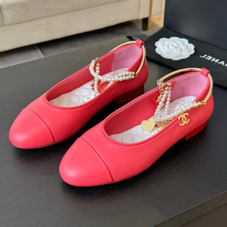 CHANEL Double Strap Chunky Heel Mary Jane Shoes Red Pink