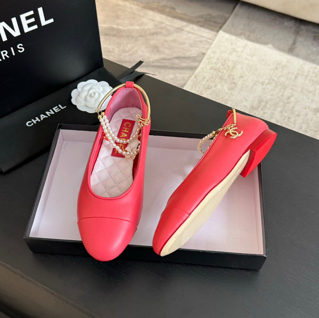 CHANEL Double Strap Chunky Heel Mary Jane Shoes Red Pink