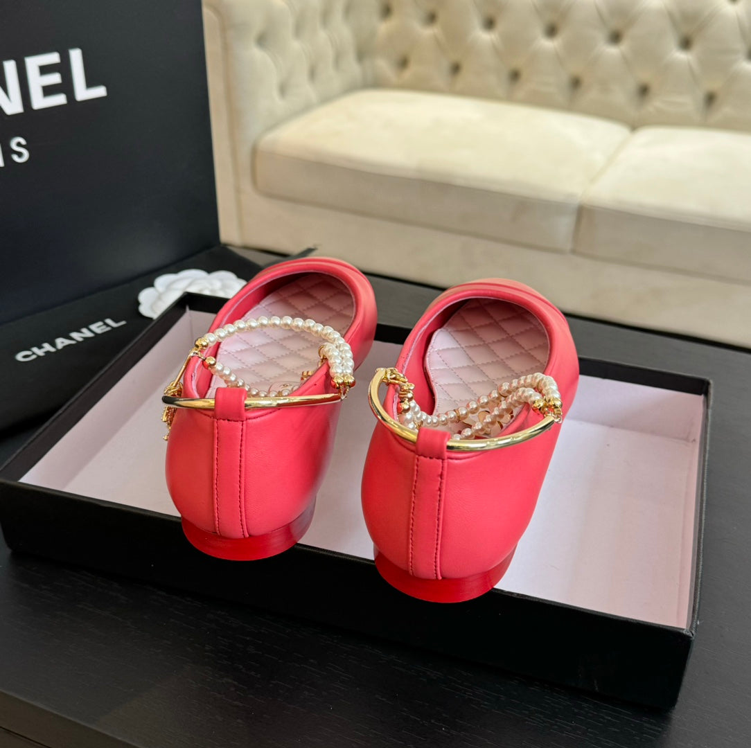 CHANEL Double Strap Chunky Heel Mary Jane Shoes Red Pink