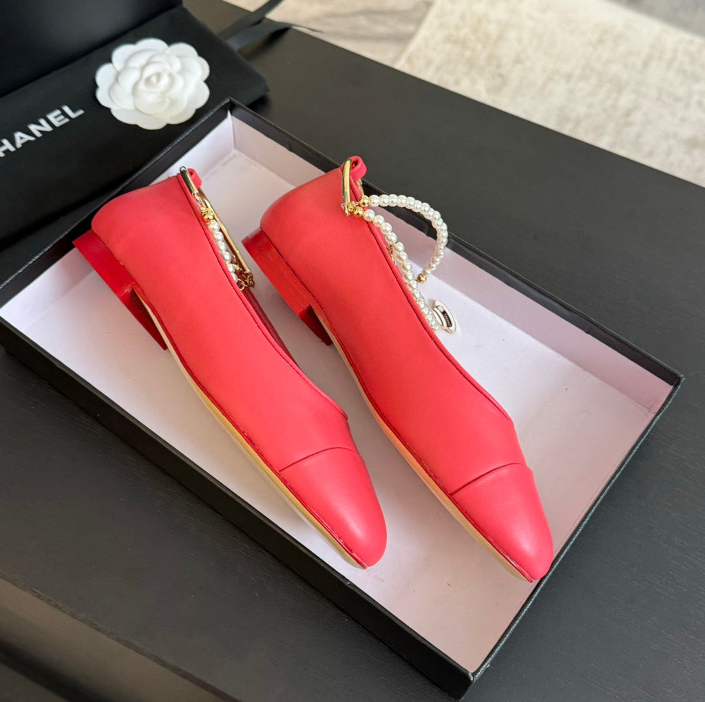 CHANEL Double Strap Chunky Heel Mary Jane Shoes Red Pink