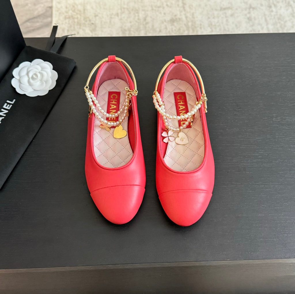 CHANEL Double Strap Chunky Heel Mary Jane Shoes Red Pink