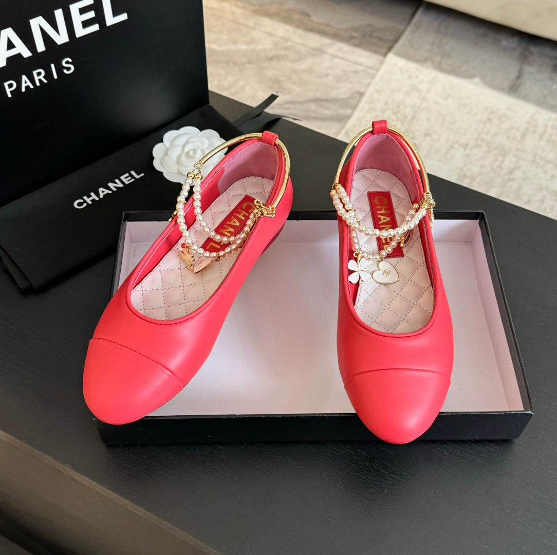 CHANEL Double Strap Chunky Heel Mary Jane Shoes Red Pink