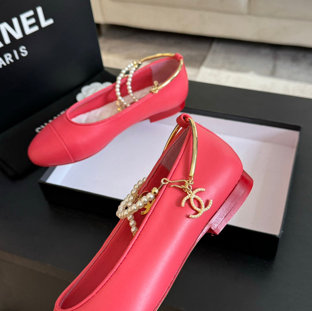 CHANEL Double Strap Chunky Heel Mary Jane Shoes Red Pink