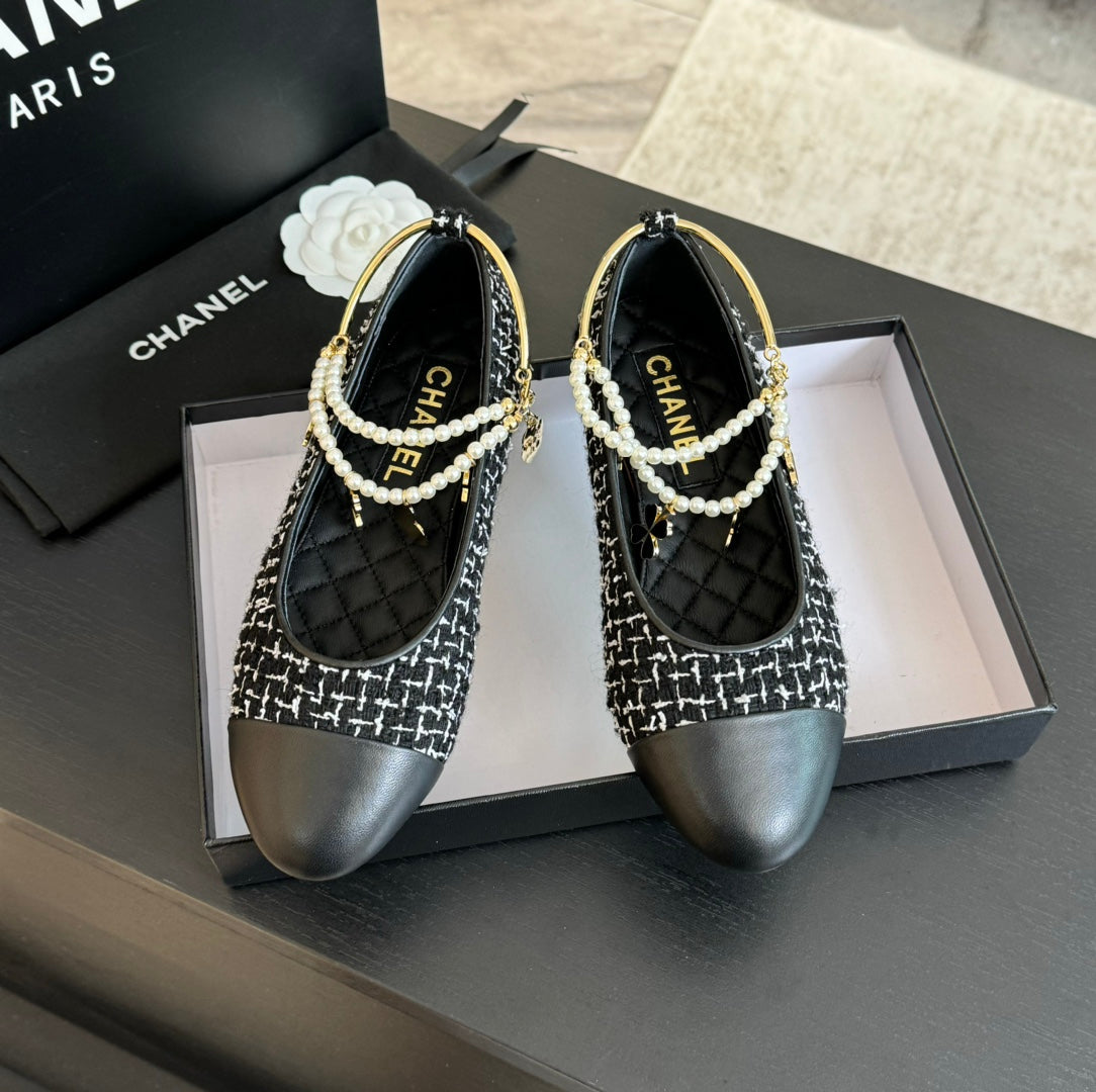 CHANEL Double Strap Chunky Heel Mary Jane Shoes Black/White Caro