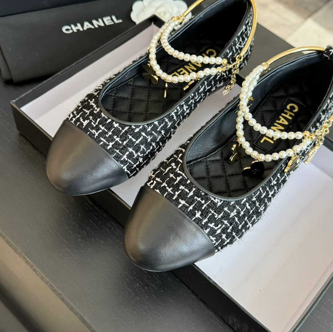 CHANEL Double Strap Chunky Heel Mary Jane Shoes Black/White Caro