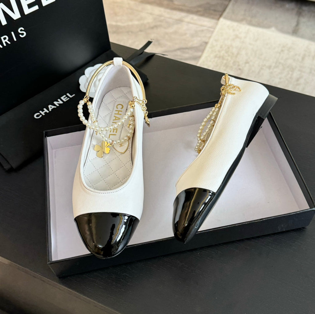 CHANEL Double Strap Chunky Heel Mary Jane Shoes White Black