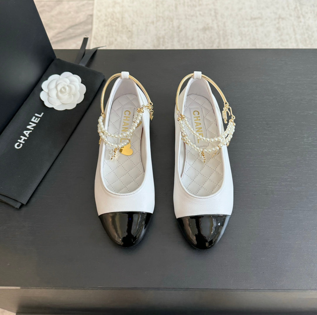 CHANEL Double Strap Chunky Heel Mary Jane Shoes White Black