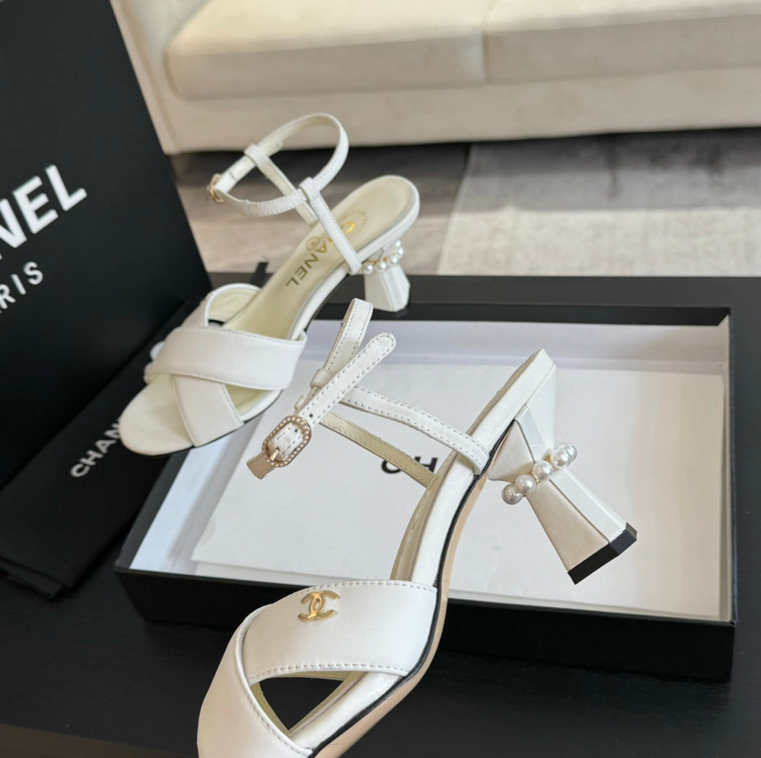 CHANEL High Sandals Lambskin White