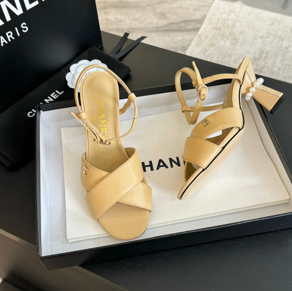 CHANEL High Sandals Lambskin Yellow Cream