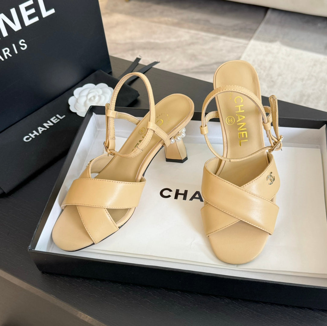 CHANEL High Sandals Lambskin Yellow Cream