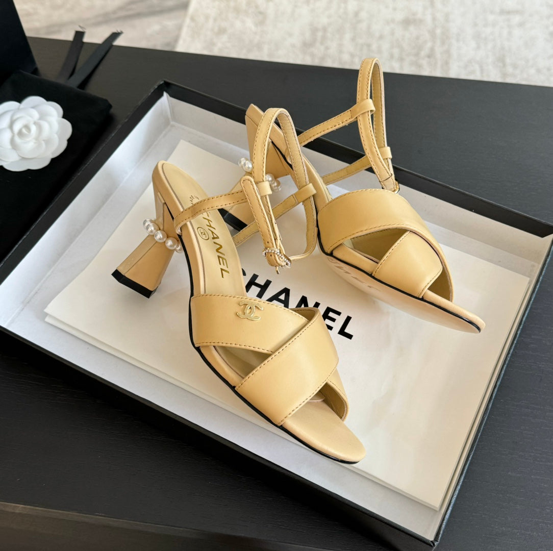 CHANEL High Sandals Lambskin Yellow Cream