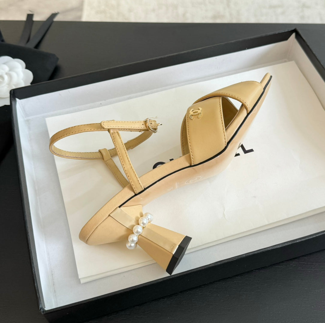 CHANEL High Sandals Lambskin Yellow Cream