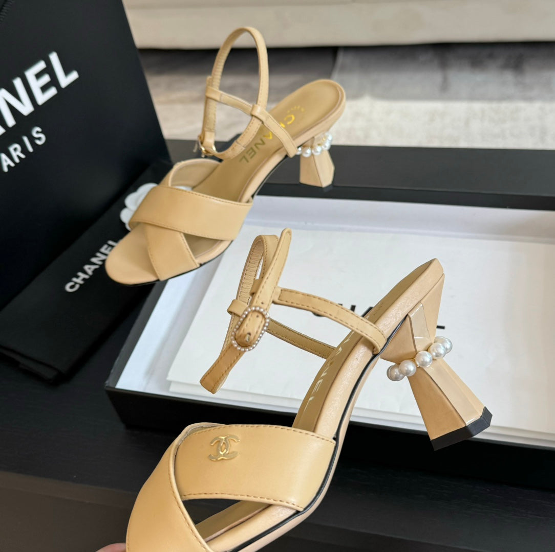 CHANEL High Sandals Lambskin Yellow Cream