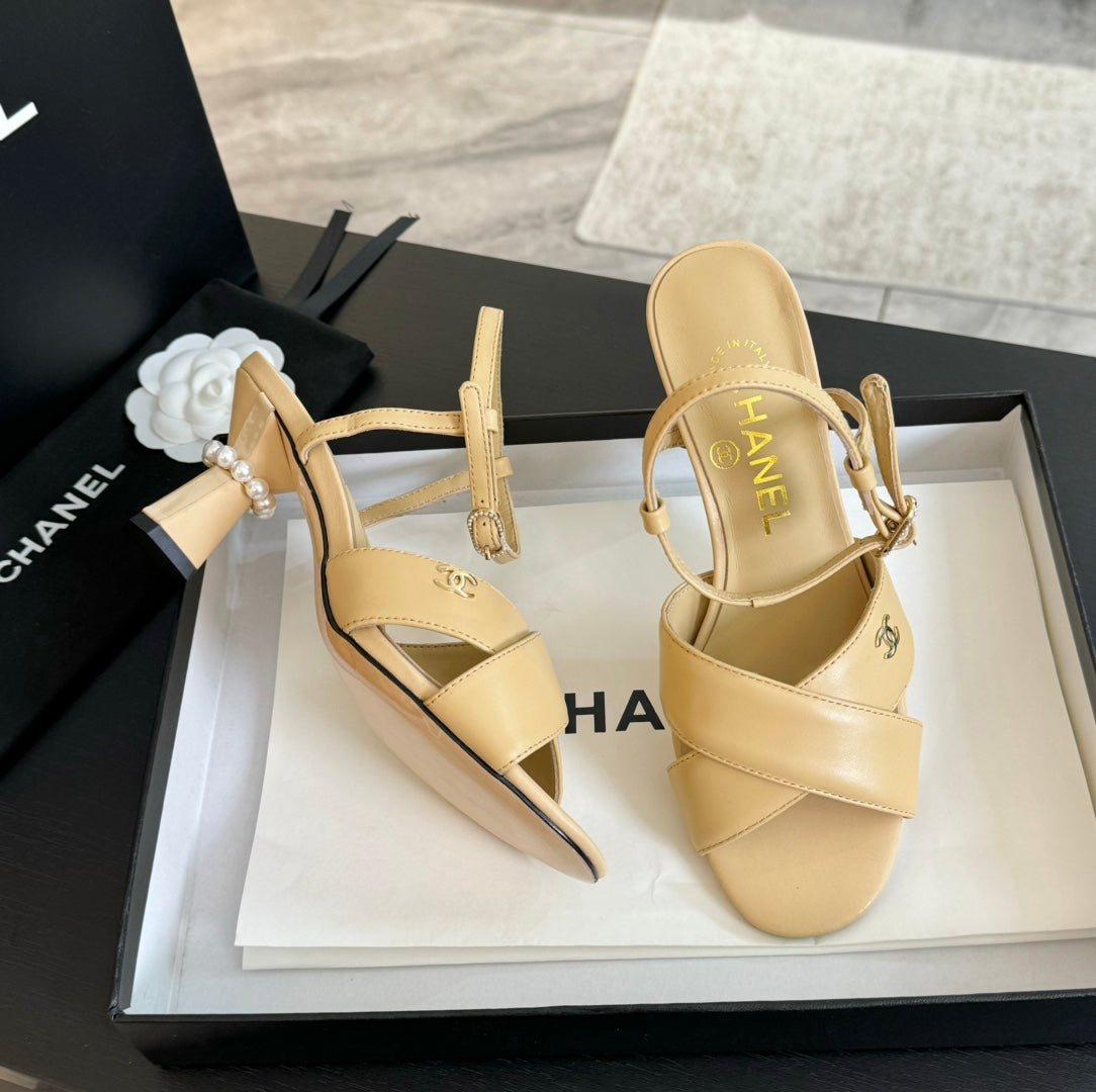 CHANEL High Sandals Lambskin Yellow Cream