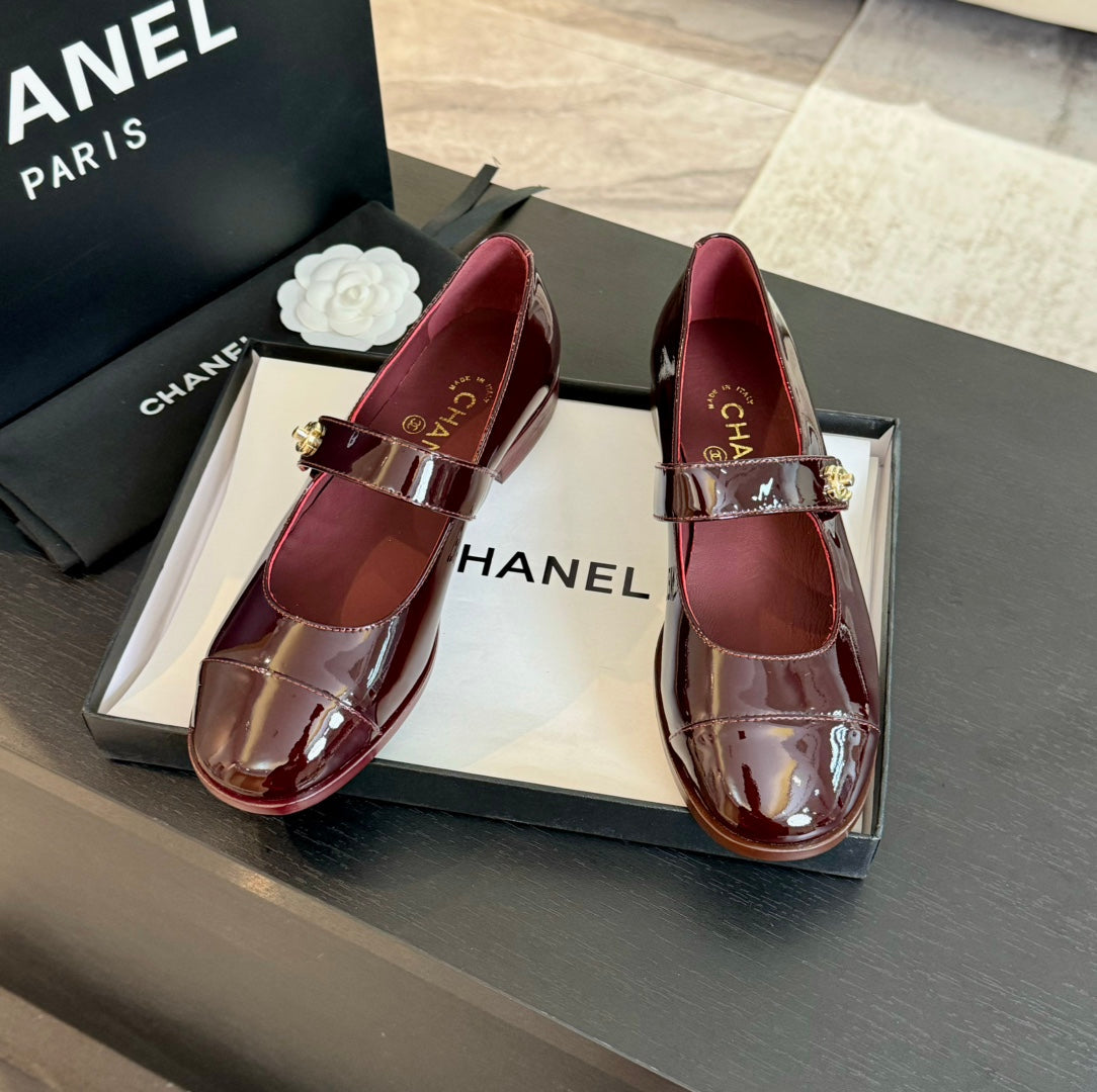 CHANEL mary jane flat Red Wine patent calfskin