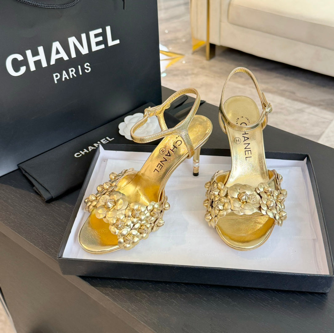 CHANEL Little Camellia World Thin High Sandals Gold Lambskin