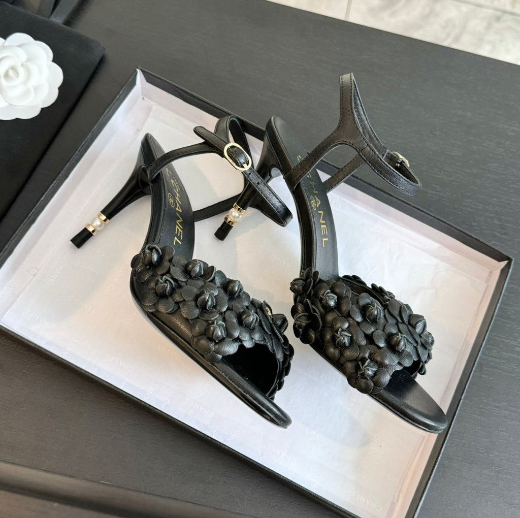 CHANEL Little Camellia World Thin High Sandals Black Lambskin