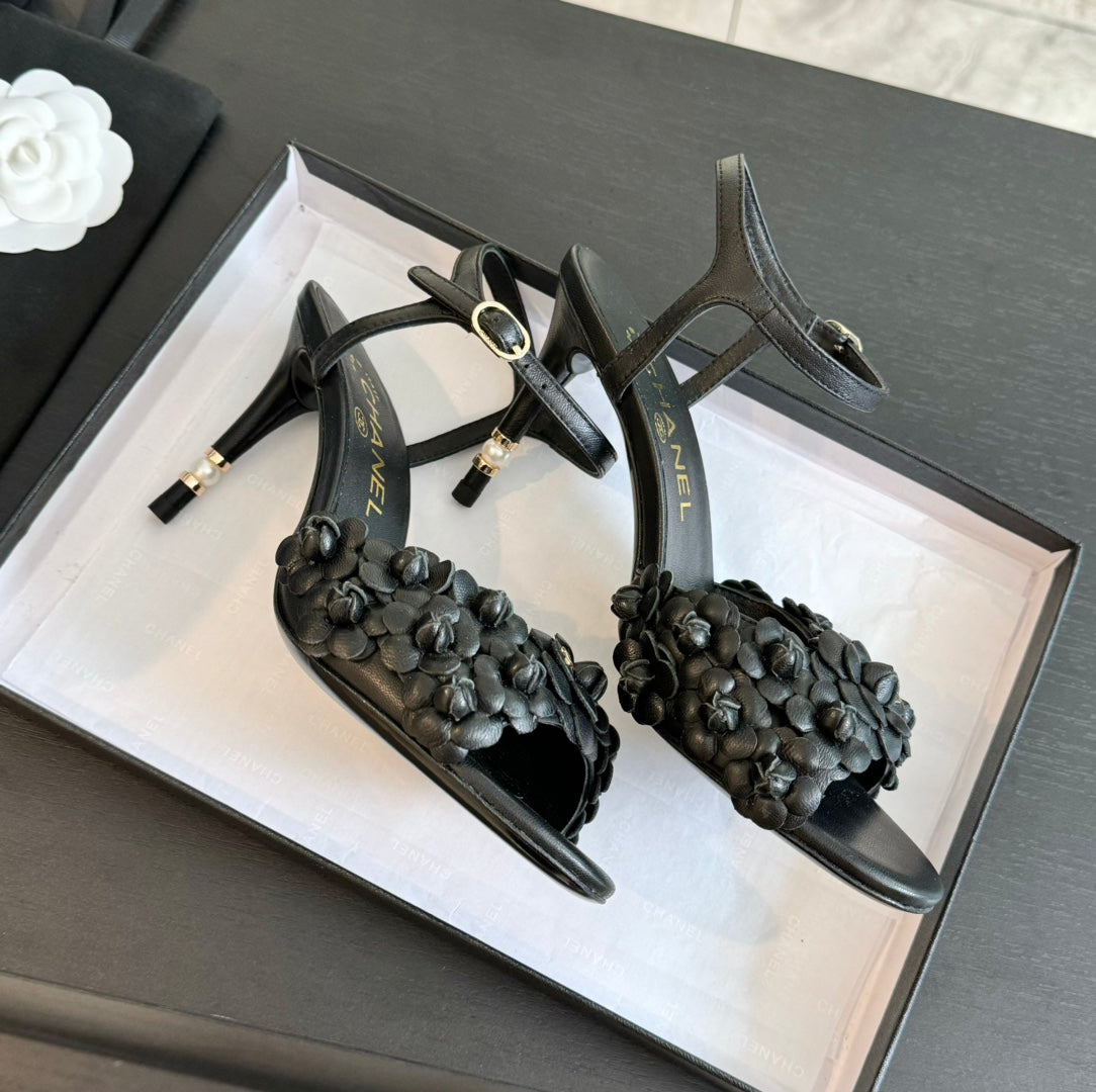 CHANEL Little Camellia World Thin High Sandals Black Lambskin
