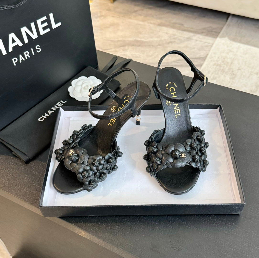 CHANEL Little Camellia World Thin High Sandals Black Lambskin