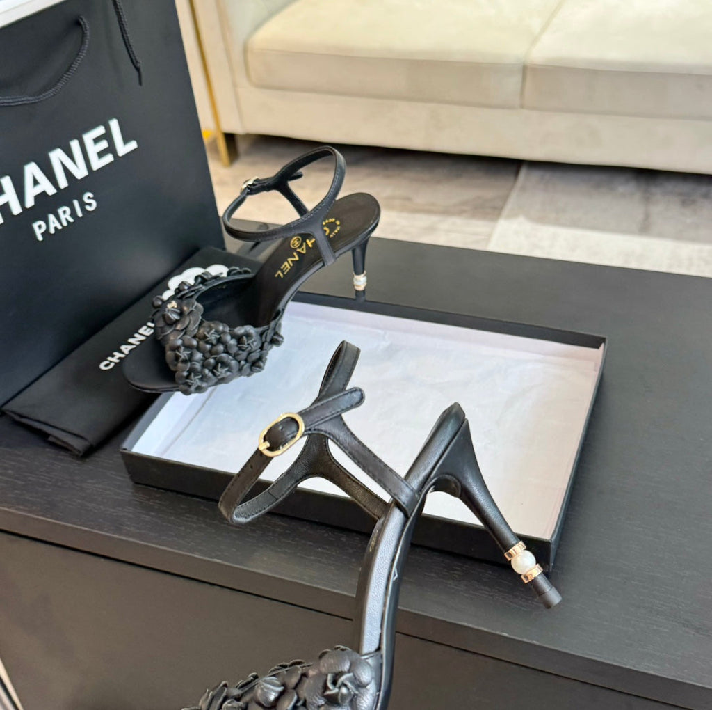 CHANEL Little Camellia World Thin High Sandals Black Lambskin