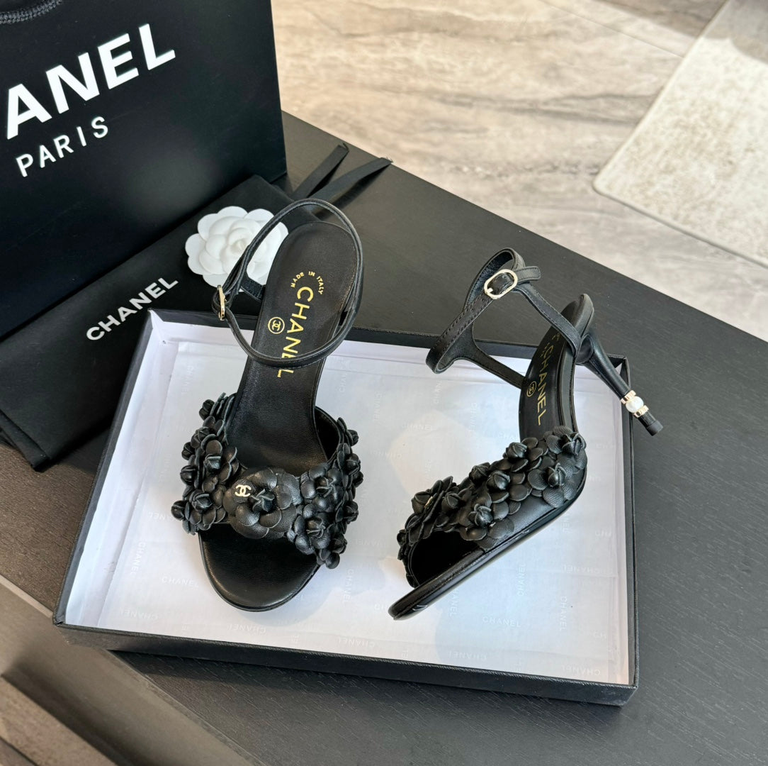 CHANEL Little Camellia World Thin High Sandals Black Lambskin